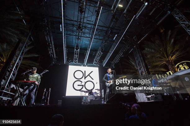 Musicians Tim Nordwind, Dan Konopka, Damian Kulash, and Andy Ross of OK Go peform on stage at Anaheim Convention Center on January 25, 2018 in...