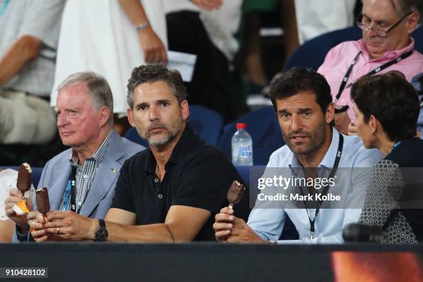 Actor Eric Bana and former Formula 1 driver Mark Webber watch the semi-final match between Hyeon Chung of South Korea and Roger Federer of...