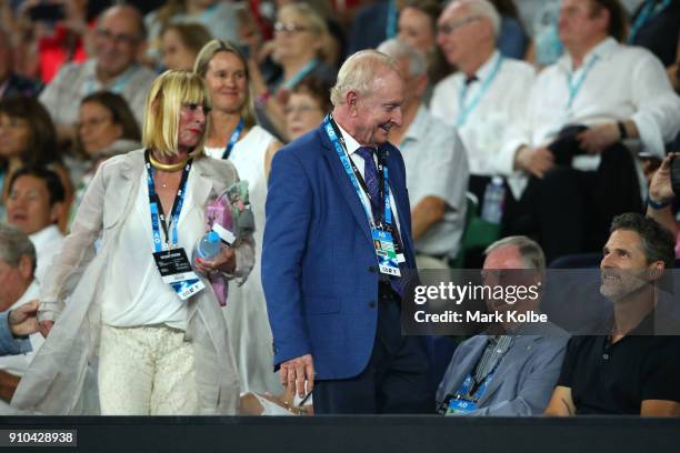 Tennis legend Rod Laver greets actor Eric Bana as they prepare to watch the semi-final match between Hyeon Chung of South Korea and Roger Federer of...