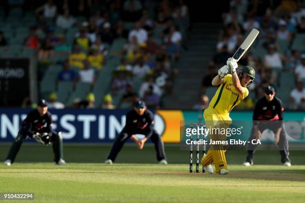 Travis Head of Australia plays a shot during game four of the One Day International series between Australia and England at Adelaide Oval on January...