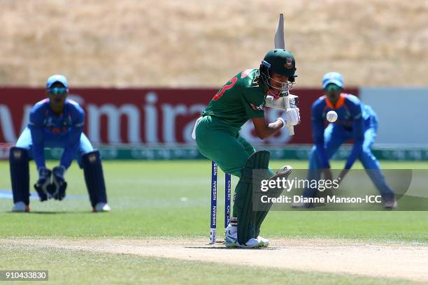 Mohammad Naim Sheikh of Bangladesh looks to avoid a bouncer during the ICC U19 Cricket World Cup match between India and Bangladesh at John Davies...