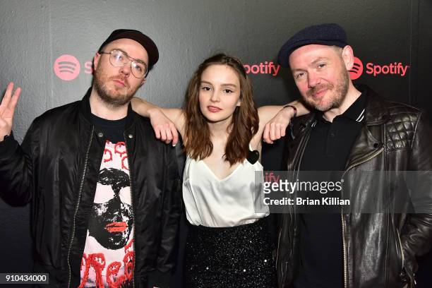 Martin Doherty, Lauren Mayberry and Iain Cook from the group Chvrches attend the 2018 Spotify Best New Artists Party held at Skylight Clarkson Sq on...