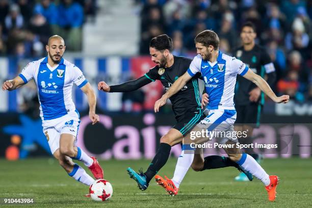 Isco Alarcon of Real Madrid fights for the ball with Darko Brasanac of CD Leganes during the Copa del Rey 2017-18 match between CD Leganes and Real...