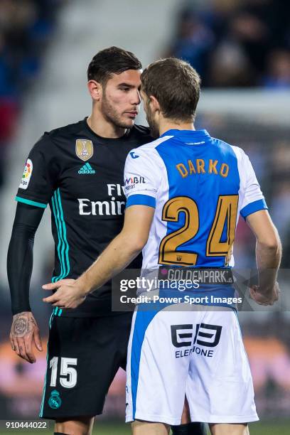 Theo Hernandez of Real Madrid confronts with Darko Brasanac of CD Leganes during the Copa del Rey 2017-18 match between CD Leganes and Real Madrid at...