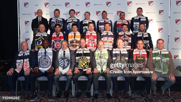 Coaches group photo. Front row : Brad Friedel , Patrick Vieira , Peter Vermes , Gregg Berhalter , Brian Schmetzer , Jim Curtin , Mike Petke ,...