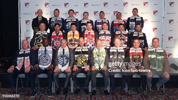 Coaches group photo. Front row : Brad Friedel , Patrick Vieira , Peter Vermes , Gregg Berhalter , Brian Schmetzer , Jim Curtin , Mike Petke ,...