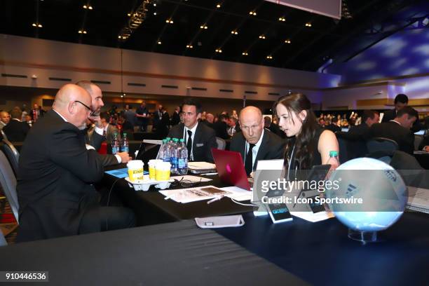 Sporting Kansas City draft table with Meghan Cameron, Brian Bliss, and Kerry Zavagnin during the MLS SuperDraft 2018 on January 19 at the...