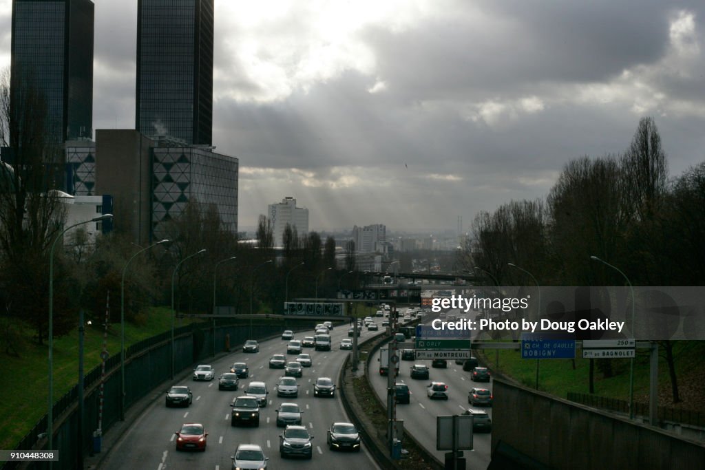 Saturday Auto Traffic on Boulevard Perpherique at Paris, France City Limits