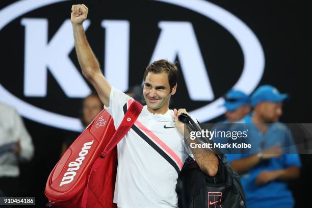 Roger Federer of Switzerland acknowledges the crowd after winning his semi-final match against Hyeon Chung of South Korea on day 12 of the 2018...