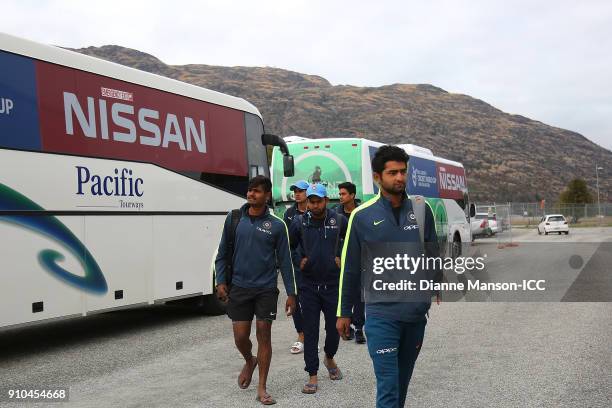 Players of India arrive ahead of the ICC U19 Cricket World Cup match between India and Bangladesh at John Davies Oval on January 26, 2018 in...