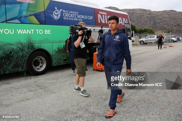 Players of India arrive ahead of the ICC U19 Cricket World Cup match between India and Bangladesh at John Davies Oval on January 26, 2018 in...
