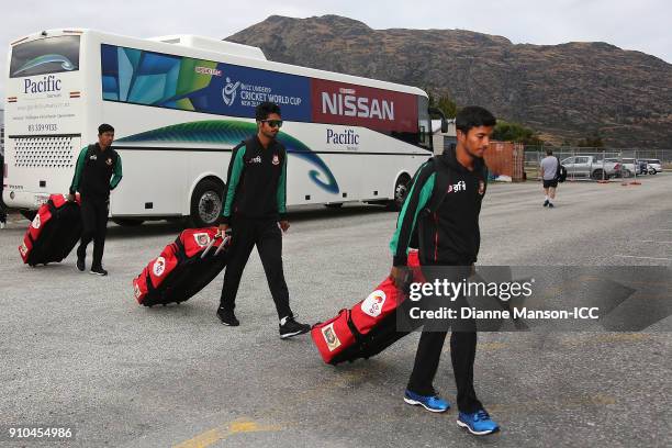 Players of Bangladesh arrive ahead of the ICC U19 Cricket World Cup match between India and Bangladesh at John Davies Oval on January 26, 2018 in...