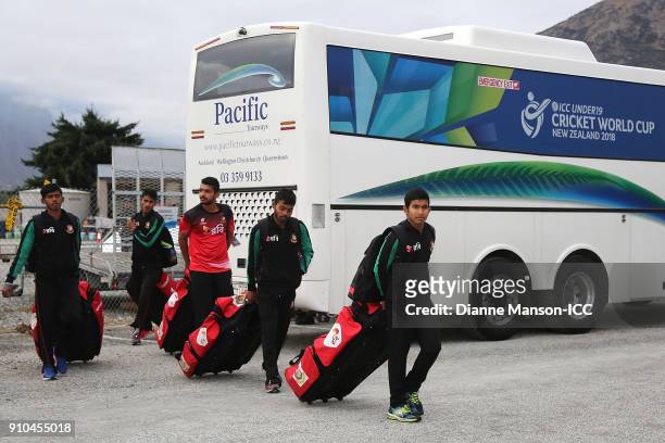 Players of Bangladesh arrive ahead of the ICC U19 Cricket World Cup match between India and Bangladesh at John Davies Oval on January 26, 2018 in...