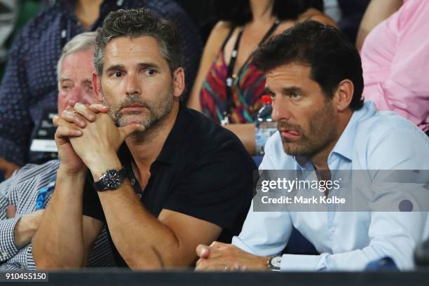 Actor Eric Bana and former Formula 1 driver Mark Webber watch the semi-final match between Hyeon Chung of South Korea and Roger Federer of...