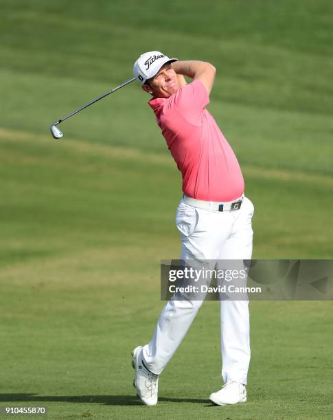 Andrew Dodt of Australia plays his second shot on the par 5, 10th hole during the second round of the Omega Dubai Desert Classic on the Majlis Course...