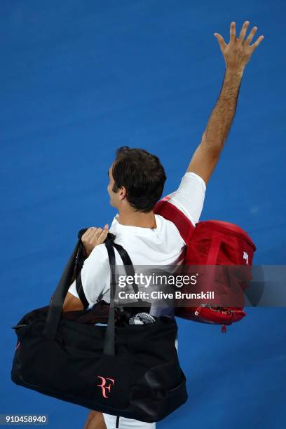 Roger Federer of Switzerland waves to the crowd after winning his semi-final match against Hyeon Chung of South Korea on day 12 of the 2018...