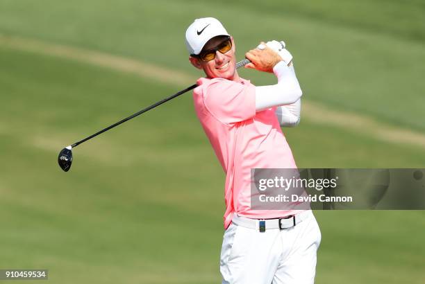 Dylan Frittelli of South Africa plays his second shot on the par 5, 10th hole during the second round of the Omega Dubai Desert Classic on the Majlis...