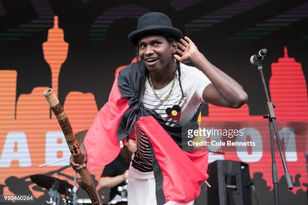Baker Boy performs at Yabun Festival on January 26, 2018 in Sydney, Australia. Australia Day, formerly known as Foundation Day, is the official...