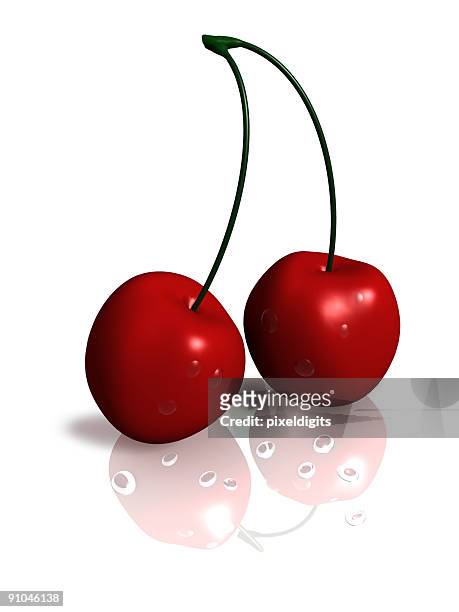 cherries on white reflective background - bing cherry stock pictures, royalty-free photos & images