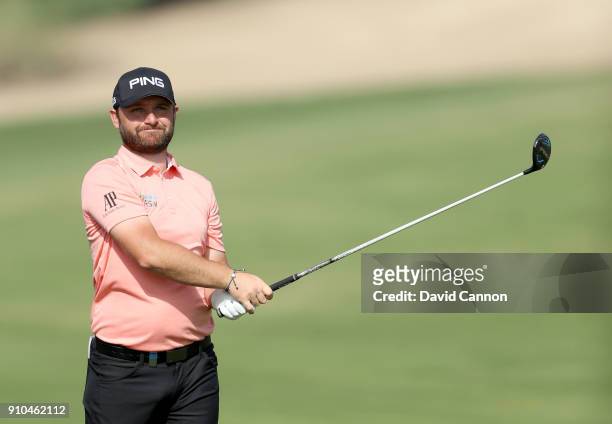 Andy Sullivan of England plays his second shot on the par 5, 10th hole during the second round of the Omega Dubai Desert Classic on the Majlis Course...