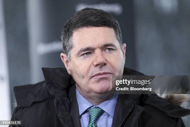 Paschal Donohoe, Ireland's finance minister, pauses during a Bloomberg Television interview on the closing day of the World Economic Forum in Davos,...