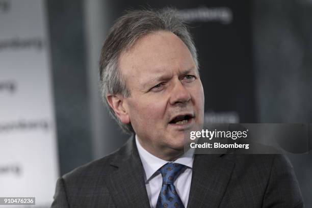 Stephen Poloz, governor of the Bank of Canada, speaks during a Bloomberg Television interview on the closing day of the World Economic Forum in...