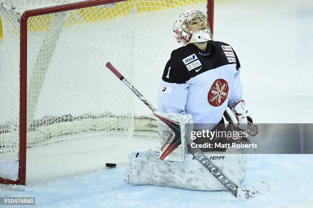 Goalkeeper Nana Fujimoto of Japan looks dejected after a goal by Nicola Eisenschmid of Germany during the Women's Ice Hockey International Friendly...