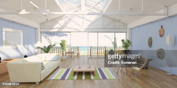 interior acogedor hogar a orillas del mar con vistas al mar - beach house balcony fotografías e imágenes de stock
