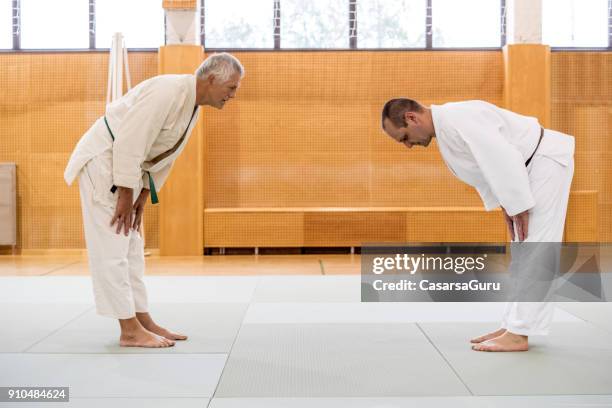 judoists seniors s’incline vers le bas les uns aux autres - saluer en s'inclinant photos et images de collection