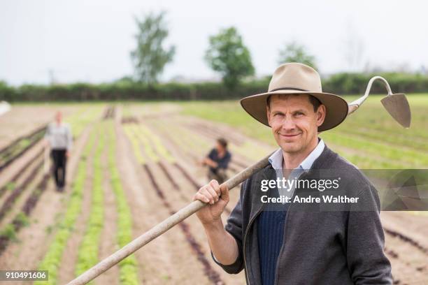 portrait of farmer in field with hoe - ho stock pictures, royalty-free photos & images