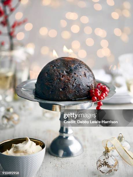 christmas pudding on silver cake stand - christmas pudding stockfoto's en -beelden