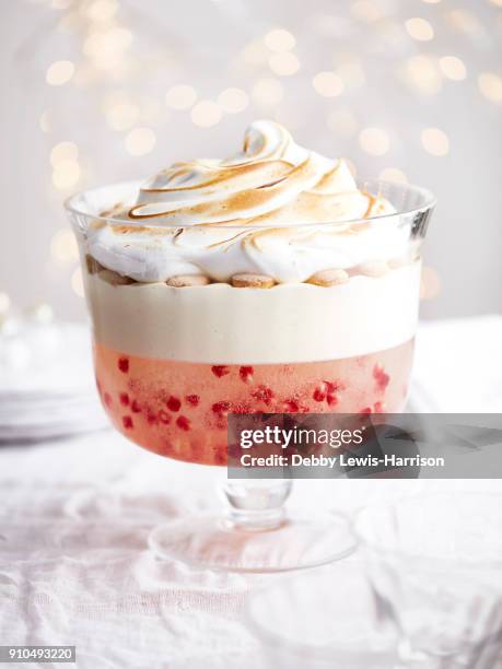 christmas trifle with meringue topping, close-up - christmas dessert stock pictures, royalty-free photos & images