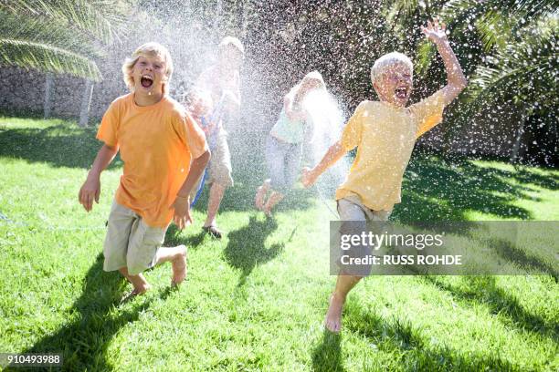 parents in garden spraying sons with water from hosepipe - two kids playing with hose stock pictures, royalty-free photos & images