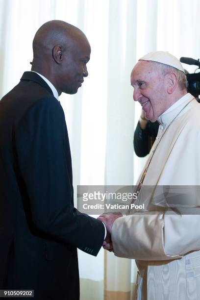 Pope Francis meets President of Haiti Jovenel Moise at the Apostolic Palace on January 26, 2018 in Vatican City, Vatican. Pope Francis on Wednesday...