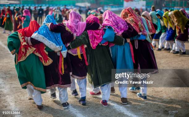 Group of Kashmiri Muslim girls in a Kashmiri traditional attire perform before the Ministers and bureaucrats at the Sher- i- Kashmir stadium, where...