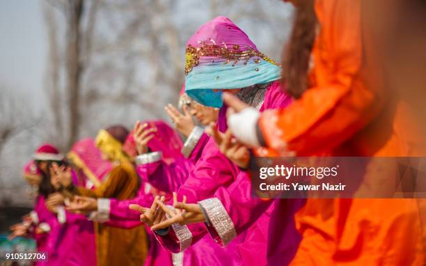 Group of Kashmiri Muslim girls in a Kashmiri traditional attire perform before the Ministers and bureaucrats at the Sher- i- Kashmir stadium, where...