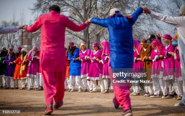 Group of Kashmiri Muslim boys and girls in a Kashmiri traditional attire perform before the Ministers and bureaucrats at the Sher- i- Kashmir...