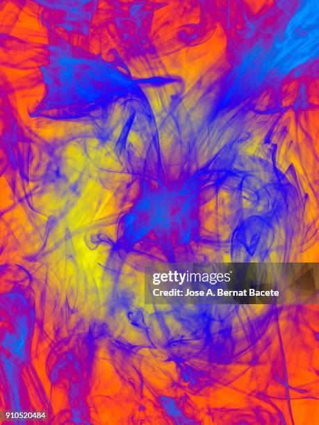 background of forms and abstract figures of smoke of colors on a light blue and yellow background. - yellow light effect stock pictures, royalty-free photos & images