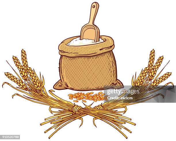 bag of flour with wheat spikes and grains - bran stock illustrations