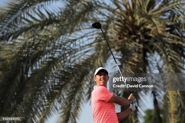 Rory McIlroy of Northern Ireland hits his tee shot on the 3rd hole during round two of the Omega Dubai Desert Classic at Emirates Golf Club on...