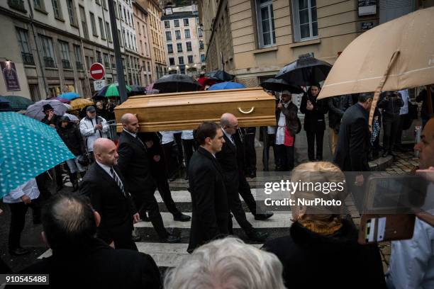 Pallbearers carry the coffin of the renowned French chef, Paul Bocuse during his funeral in Lyon, France on January 26, 2018. Bocuse, often referred...