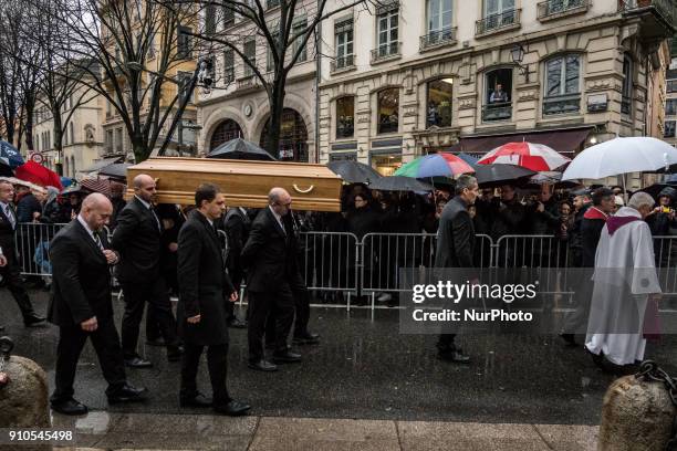 Pallbearers carry the coffin of the renowned French chef, Paul Bocuse during his funeral in Lyon, France on January 26, 2018. Bocuse, often referred...