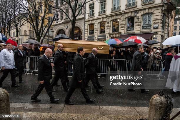 Pallbearers carry the coffin of the renowned French chef, Paul Bocuse during his funeral in Lyon, France on January 26, 2018. Bocuse, often referred...