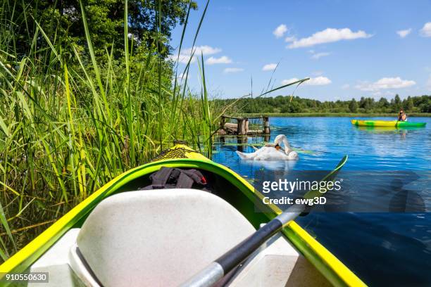 holiday with a canoe in the krutynia river in masuria land, poland - masuria stock pictures, royalty-free photos & images