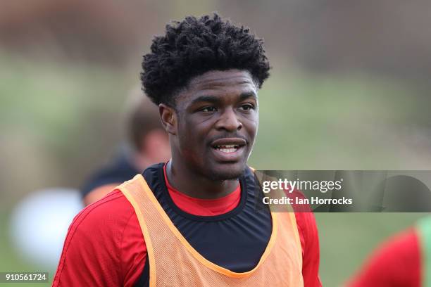 Josh Maja warms up during a Sunderland AFC training session at The Academy of Light on January 26, 2018 in Sunderland, England.