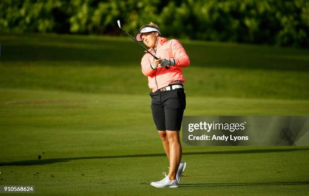 Brooke Henderson of Canada hits her second shot on the first hole during the second round of the Pure Silk Bahamas LPGA Classic at the Ocean Club...