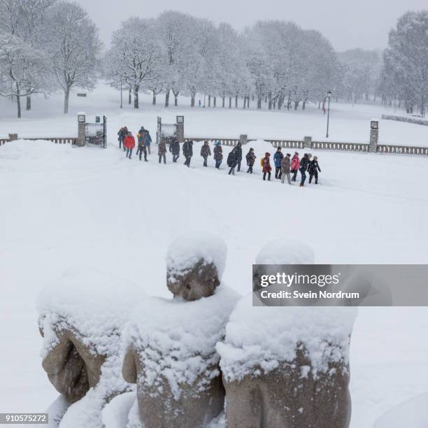 tourists walking in gustav vigeland sculpture park in oslo - gustav vigeland sculpture park bildbanksfoton och bilder