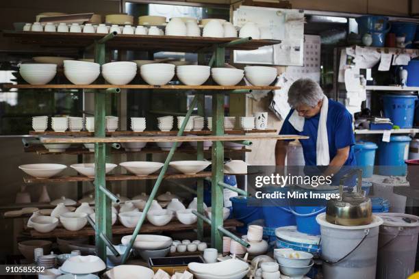 man standing in a japanese porcelain workshop with shelves of various porcelain bowls. - saga prefecture stock pictures, royalty-free photos & images