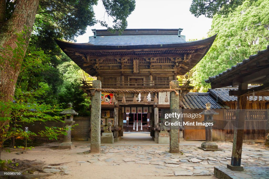 Exterior view of Shinto Sakurai Shrine, Fukuoka, Japan.