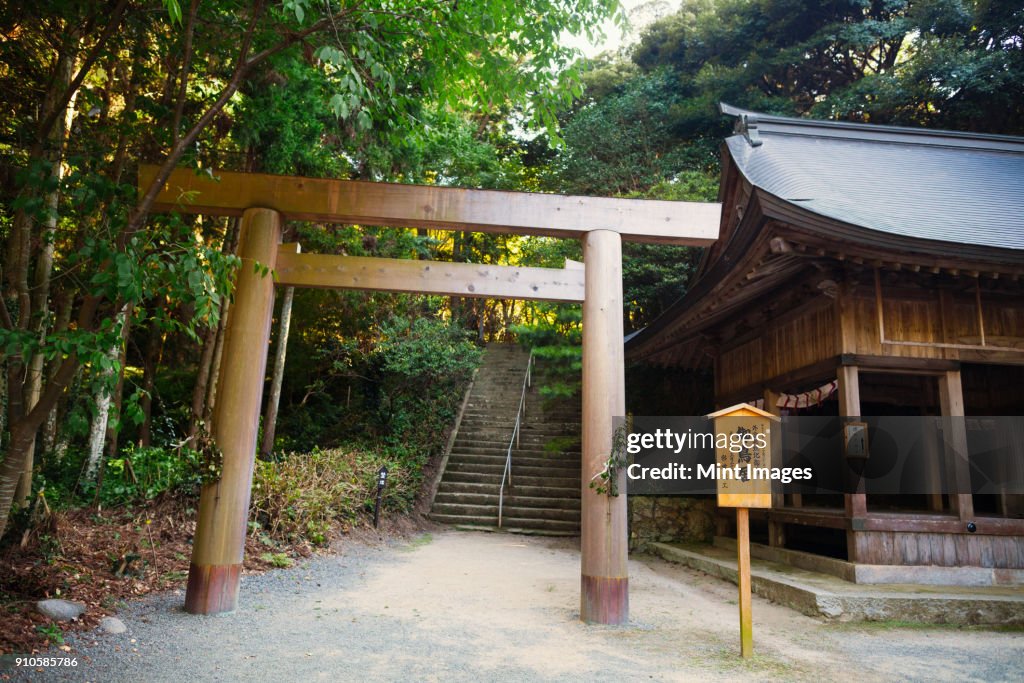 Wooden gate at Shinto Sakurai Shrine, Fukuoka, Japan.